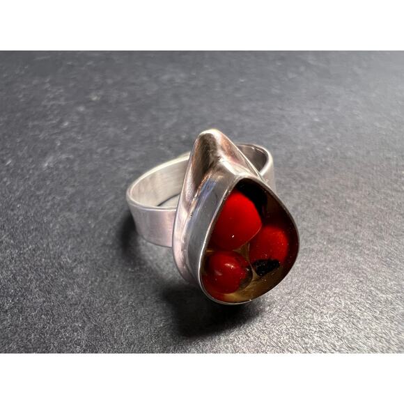 950 Silver Adjustable Huayruro Seed Resin Ring Peruvian Art Good Luck, Size 7 - Picture 3 of 8